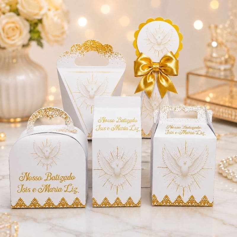 PEGUE E MONTE - Kit Festa Caixinhas Personalizadas com Nome e Idade Batizado Religioso Católico Decoração Festa Infantil