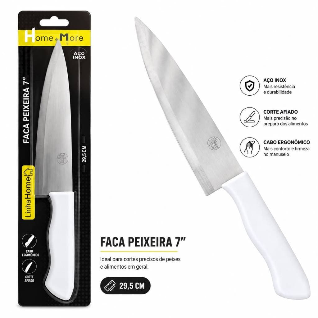 Faca Peixeira Home More 7” 29,5cm Aço Inox Afiada para Cortar Peixe Carne Frango Alimentos Cozinha