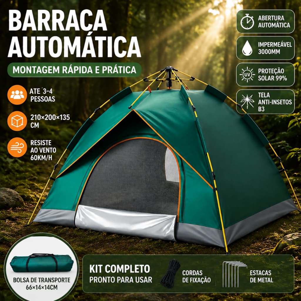 Barraca Camping Automática 3-4 Pessoas 210D Impermeável 3000mm com Mosquiteiro B3 2 Portas