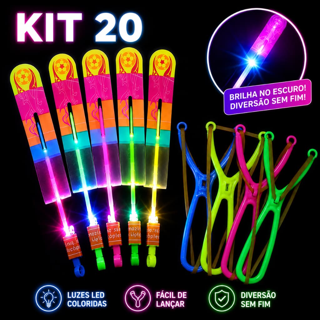 Lançador Voador com LED e Estilingue Brinquedo Infantil para Festa e Área Externa Kit 5 10 15 20 Peças