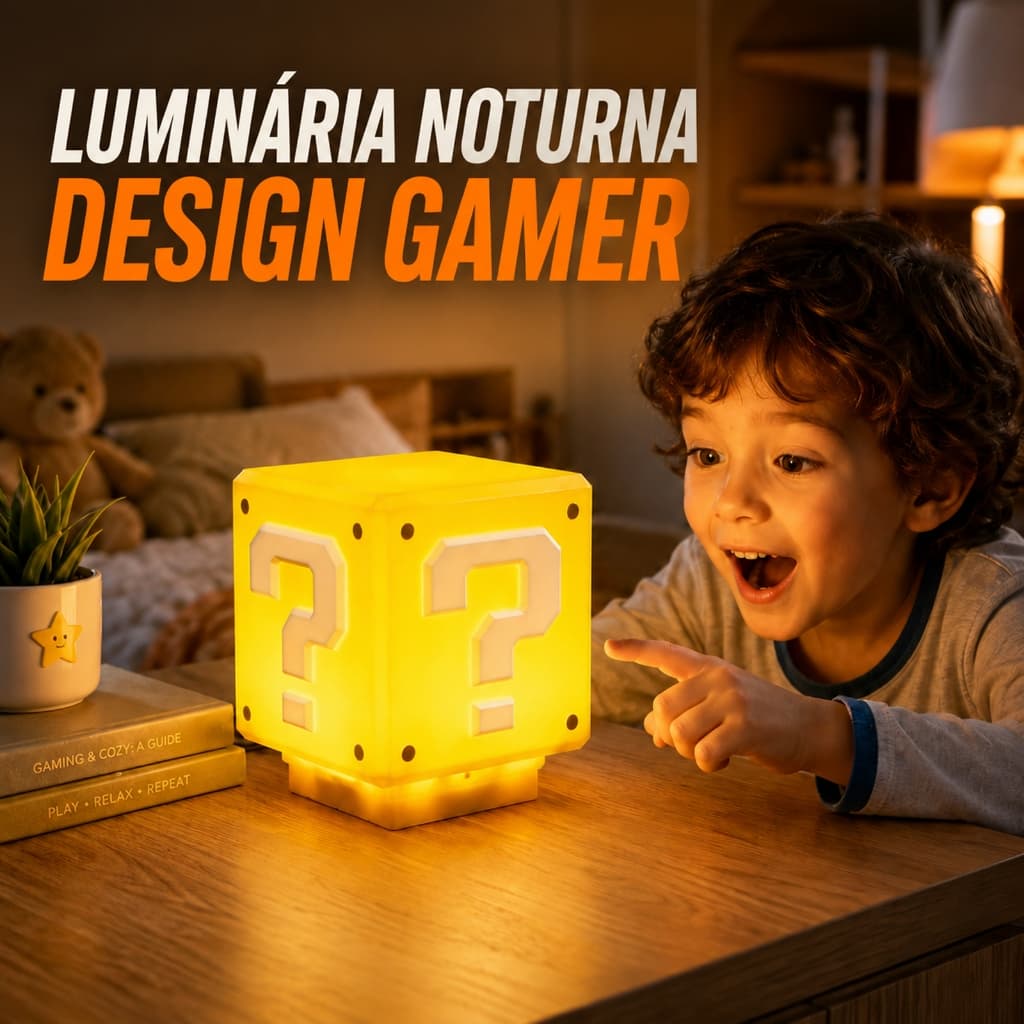 Luminária de Mesa Super Mario Bros Gamer Bloco Interativo com Luz Som Toque USB Recarregável