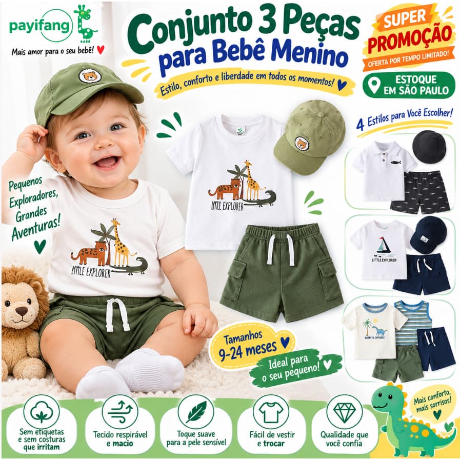 Conjunto Bebê Menino 3 Peças Camiseta Shorts Boné Roupa Infantil Verão Casual 9 a 24 Meses