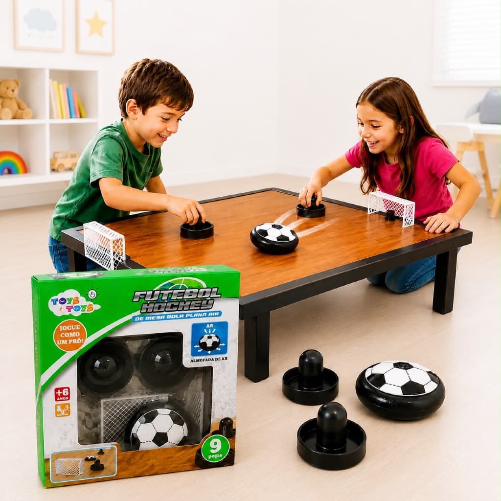 Jogo Futebol Hockey de Mesa com Bola Flutuante a Ar 9 Peças 2 Jogadores Infantil com Traves e Rebatedores