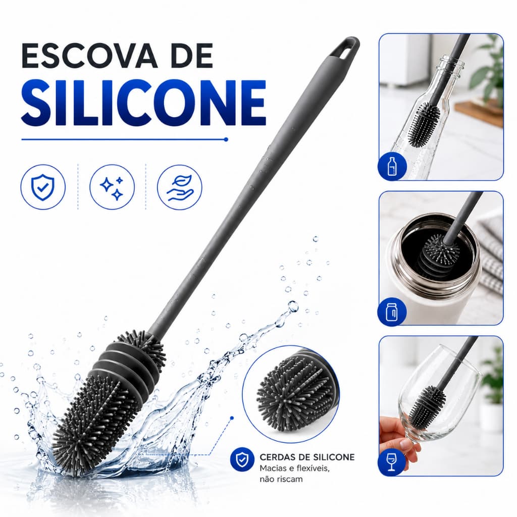 Escova de Silicone para Lavar Copo Garrafa Mamadeira Taça Squeeze - Escovinha de Limpeza Cabo Longo Antibacteriana