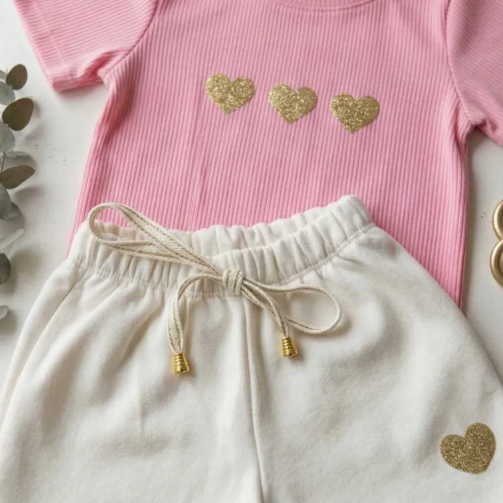 Conjunto Infantil Menina Fofo Coraçãozinho Blusinha + Short Moletinho Macio Confortável