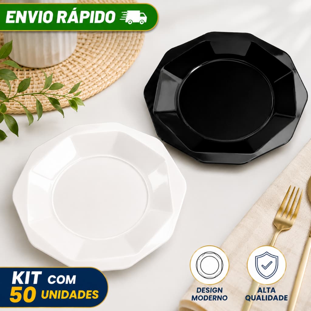Kit 20 Prato Plástico Oitavado 25cm Resistente PP Para Refeição Churrasco Porções Micro-ondas Lava-Louças