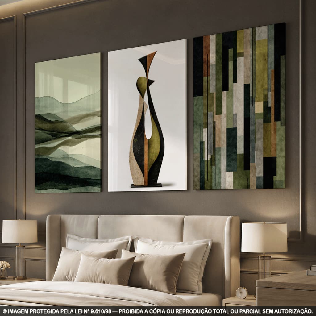 Kit 3 Quadros Decorativos Abstratos Verde, Preto e Bege com Paisagem e Escultura