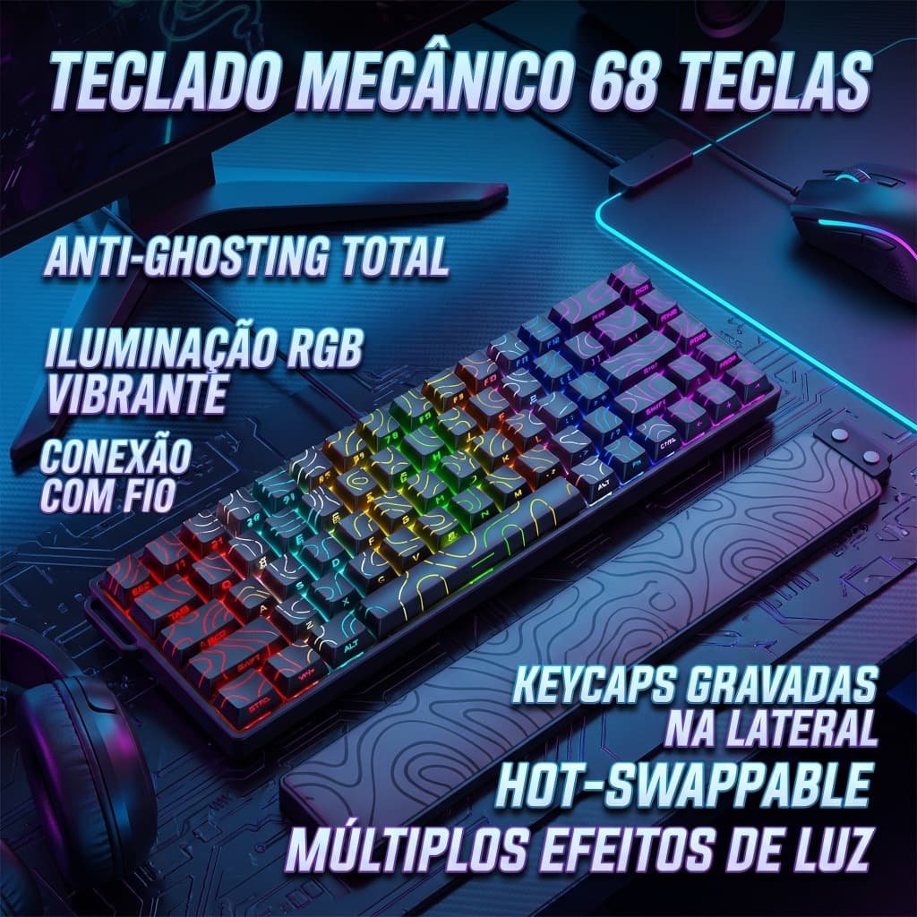 Teclado Mecânico Gamer 68 Teclas, Impressão Lateral Contorno, Retroiluminação RGB, Hot‑Swap Compacto, Cabo USB‑C Destacá