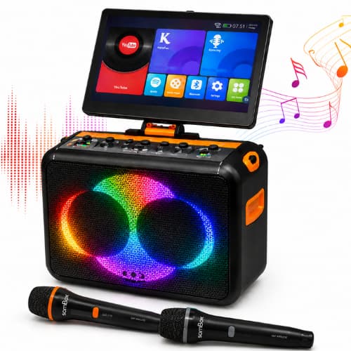 Caixa de Som Karaokê Portátil 26400mAh Sombox 160W RMS Android Tela Touch 14.1” 2 Microfones Sem Fio