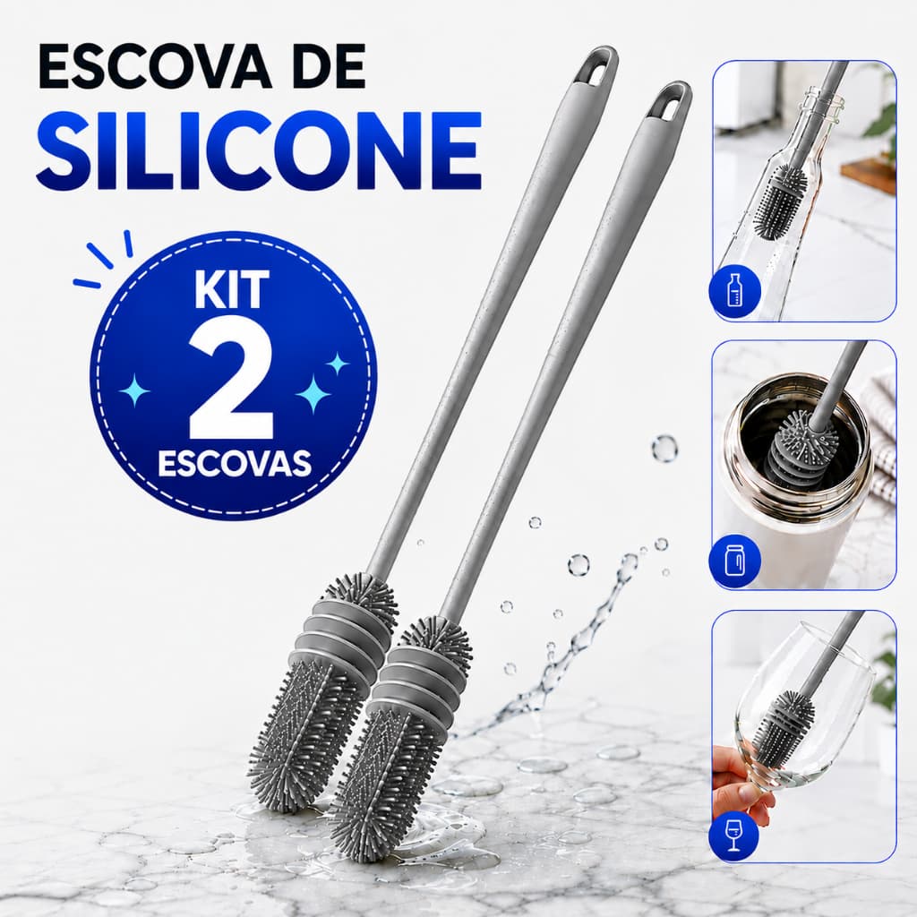 Kit 2 Escovas de Silicone para Lavar Copo Garrafa Mamadeira Taça Squeeze Escovinha de Limpeza Cabo Longo Antibacteriana