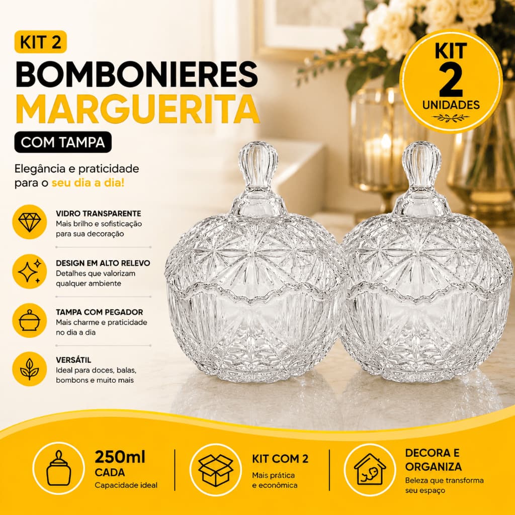 Kit 2 Bomboniere de Vidro com Tampa 250ml Marguerita Doces Balas Bombons Mesa Posta ENVIO IMEDIATO