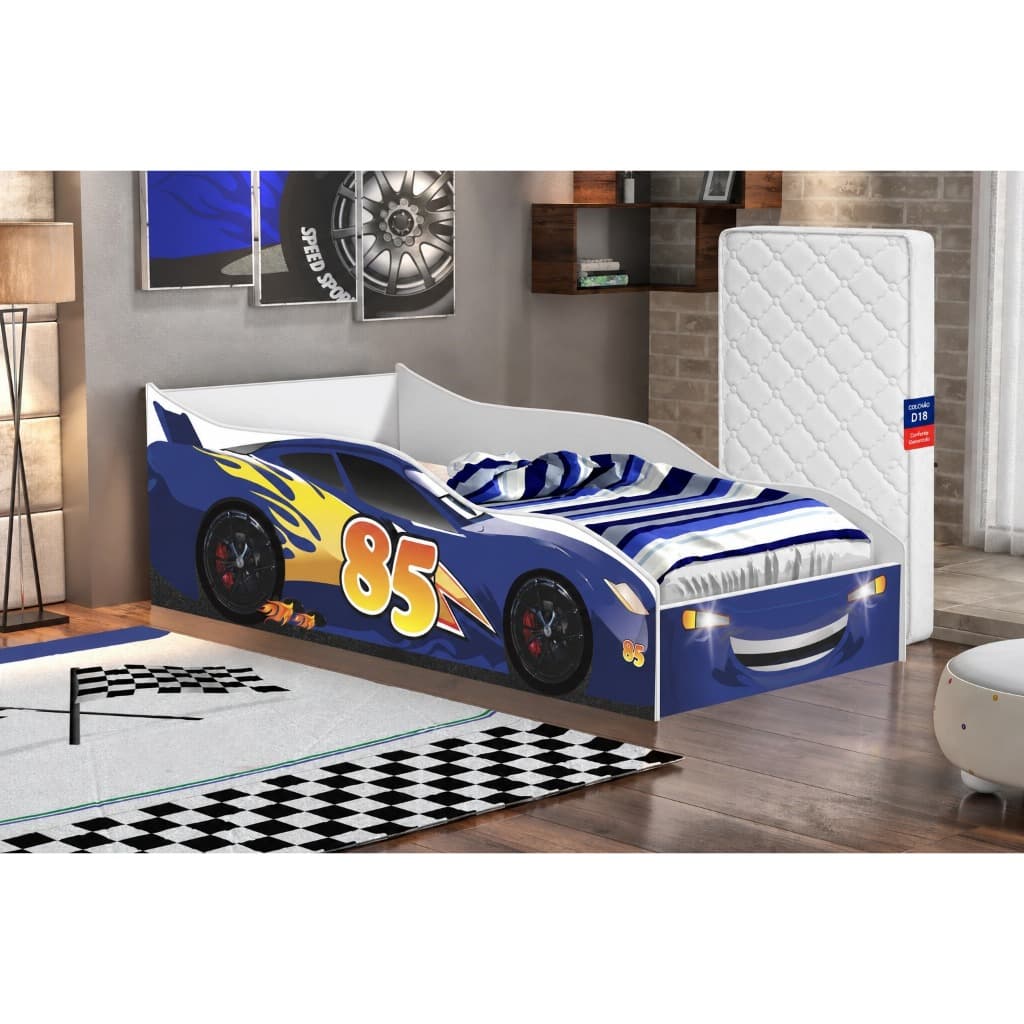 Cama Infantil Carro Mcquen Azul Com COLCHÃO INCLUSO Compacta Montessoriana Em MDF Grade Proteção DESPUMALAR