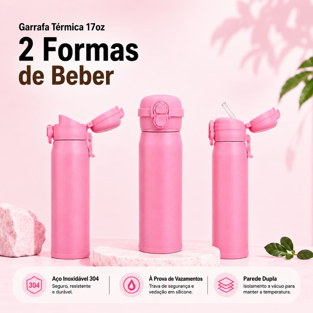 Garrafa térmica de água 500mL Garrafa Térmica com Tampa Dupla Aço Inoxidável 304 2 tampas 17OZ Garrafa Térmica de água
