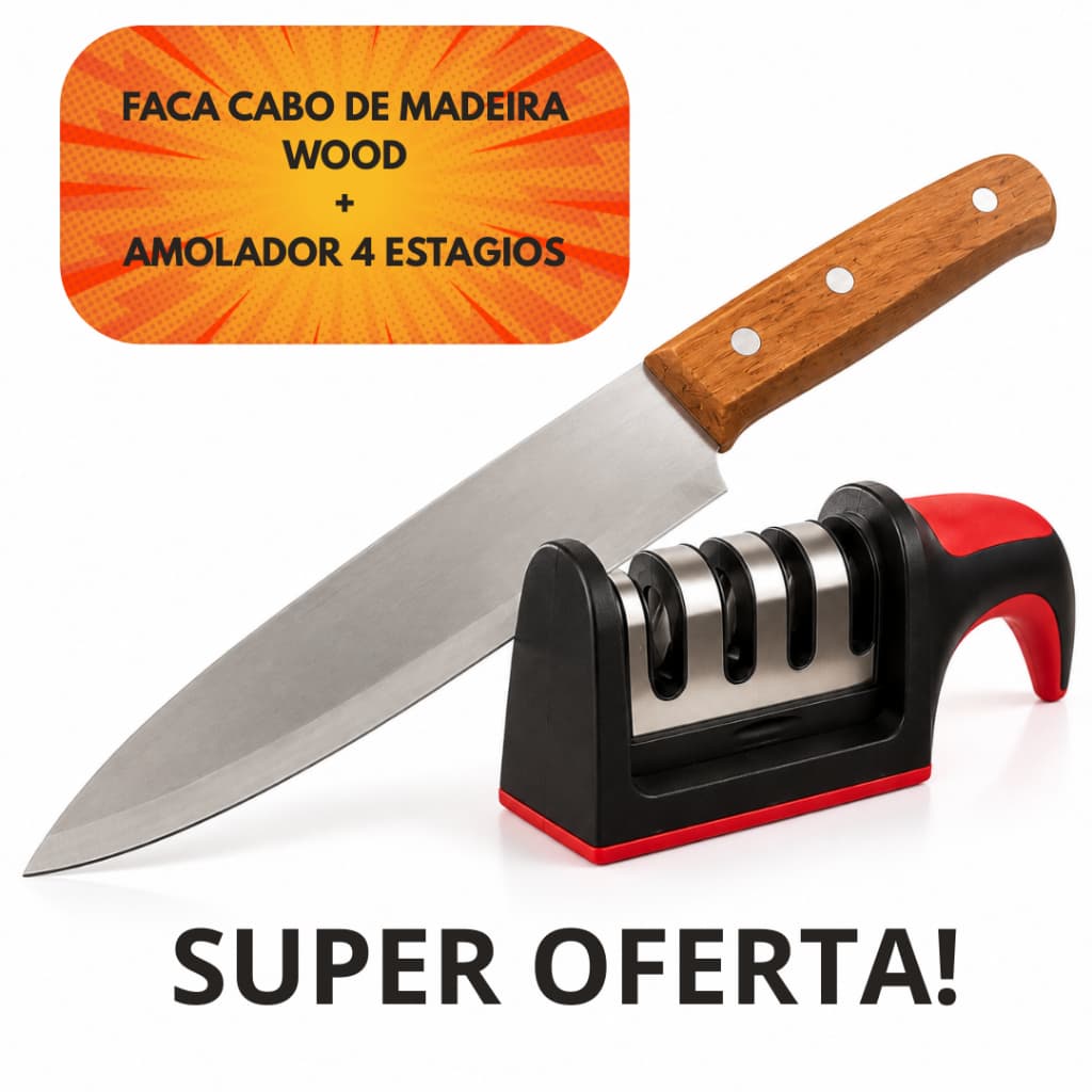 Faca Chef 8" Aço Inox Cabo Madeira + Amolador 4 Estágios | Kit Cozinha Profissional