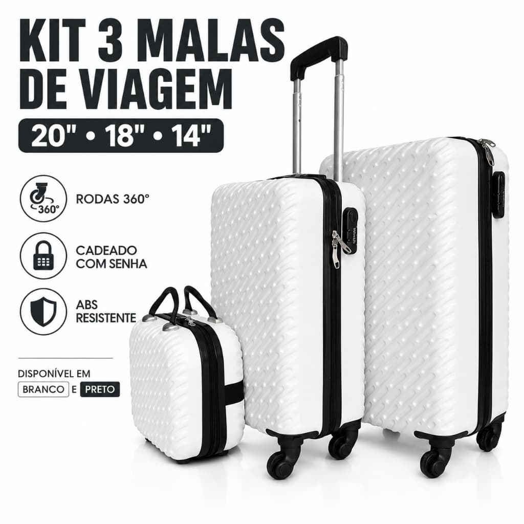 Kit 3 Malas de Viagem Winth ABS Rodas 360 Cadeado com Senha 20 18 14 Polegadas Branco Preto Mala Mão