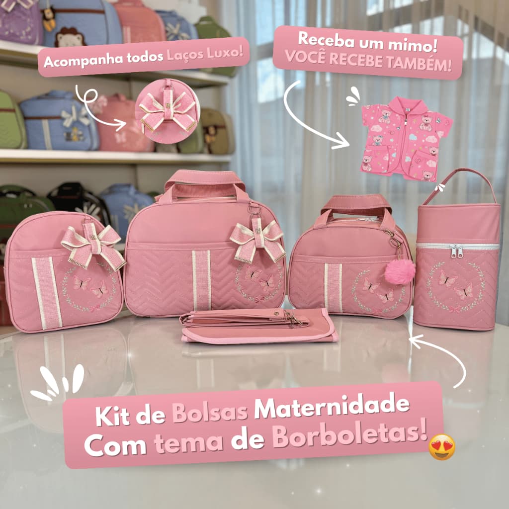 Kit de Bolsa para Meninas Enxoval Saída Maternidade Completo com 5 peças com Borboletas