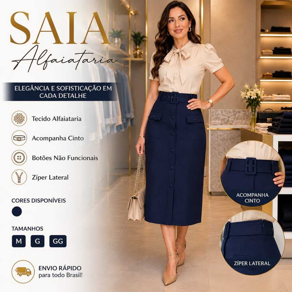 Saia Midi Feminina Alfaiataria Elegante Com Cinto E Bolsos Moda Evangélica REF 0037