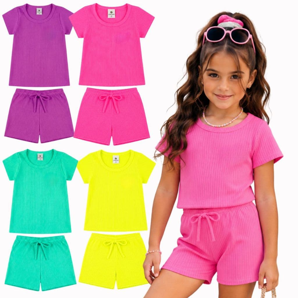 Conjunto Infantil Menina do 1 ao 10 anos Ribana Canelado Premium | Roupa Infantil Menina Blusa + Shorts Infantil