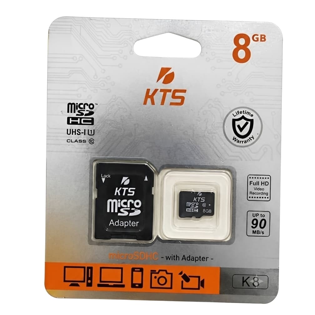Cartão de Memória KTS MicroSD 8GB com Adaptador SD para Celular Câmera e Outros Dispositivos