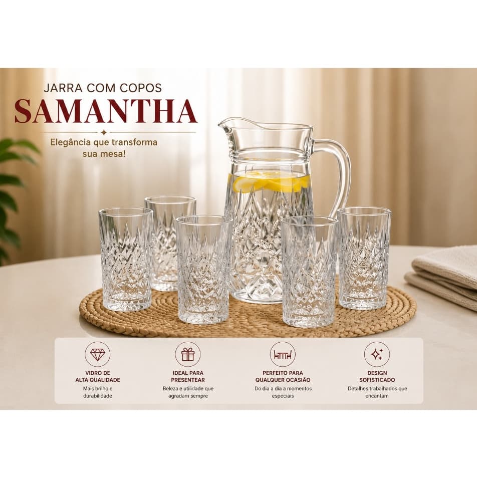 Jogo de Jarra com 6 Copos Samantha em Vidro, Jarra 1 Litro Mais Copos 250 ml, Kit7 Peças para Suco