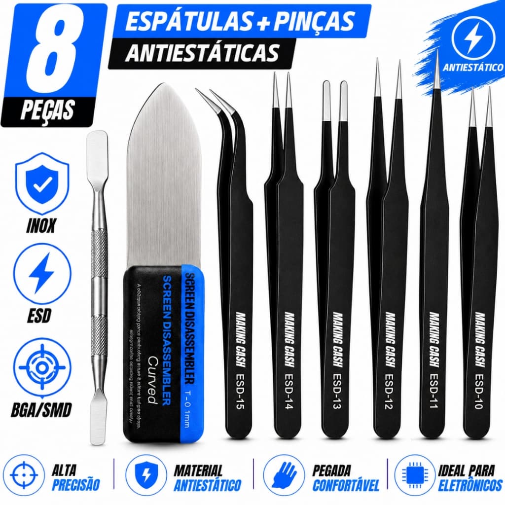 Pinças Antiestáticas + Espátulas Inox Ferramentas Manutenção Celular Eletrônica ESD Precisão 8 Peças