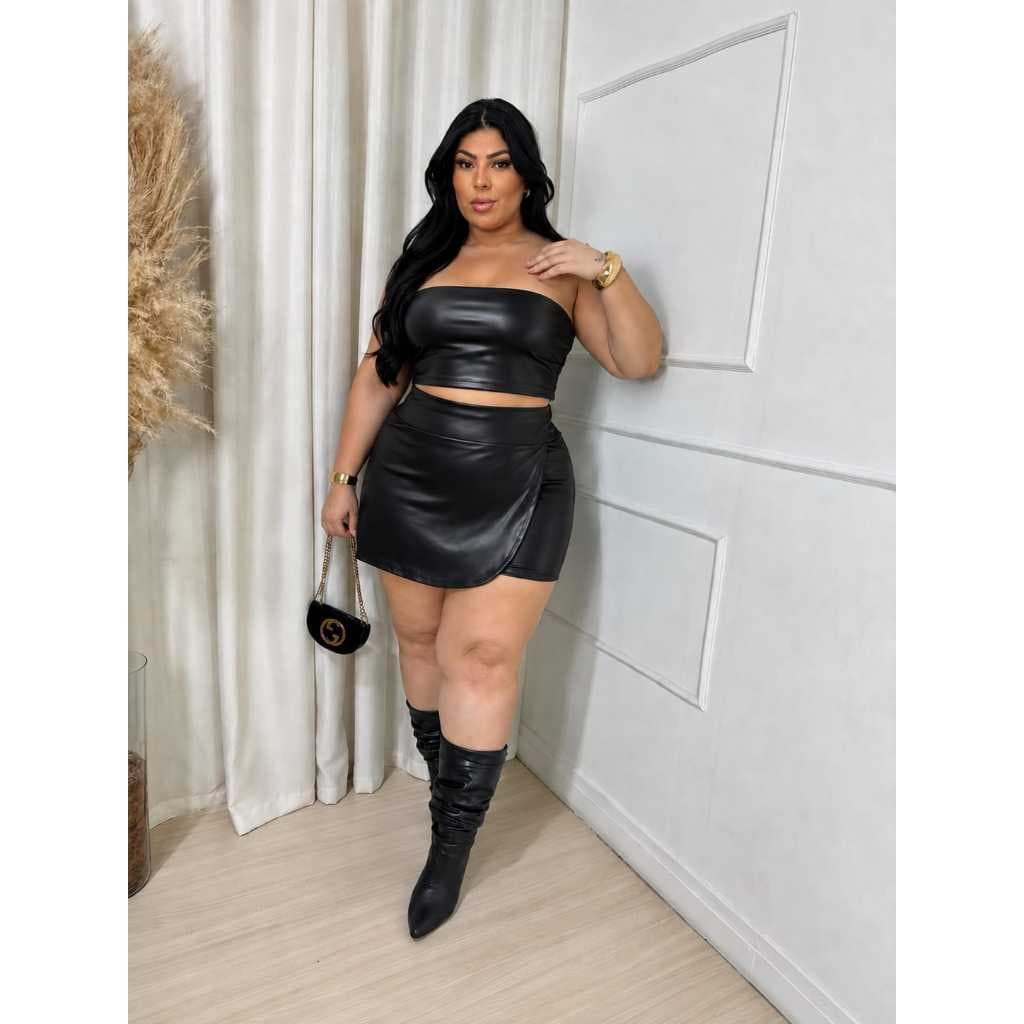 Conjunto Feminino Plus Size Cropped Faixa + Short Saia Cirrê – 44 ao 50