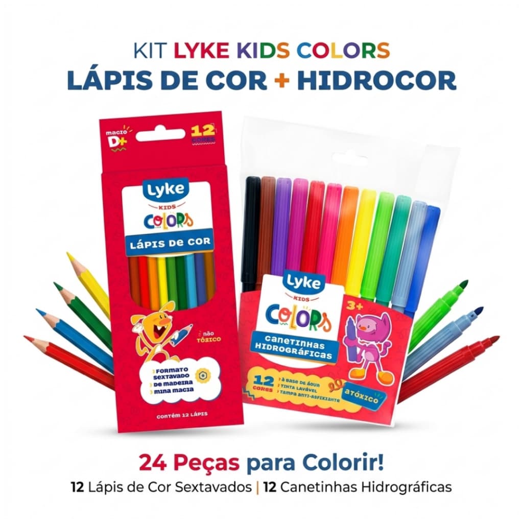 Kit Lapis De Cor 12 Cores + Canetinha Hidrográfica 12 Cores Lyke Kids Escolar