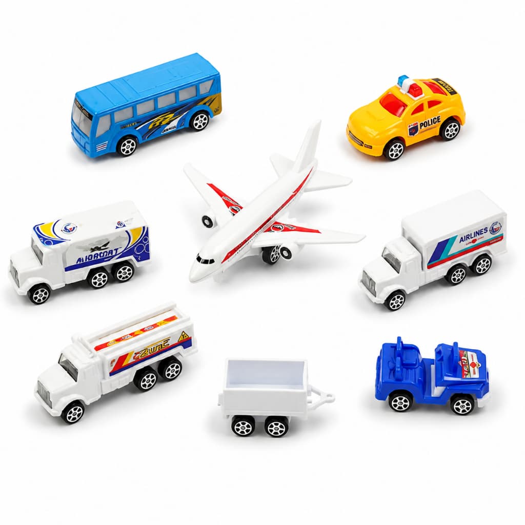 Aviao Friccao Infantil Kit 8 Carrinhos Servico Policia Bombeiro Ambulancia Plastico Metal Menino Presente 3 Anos INMETRO