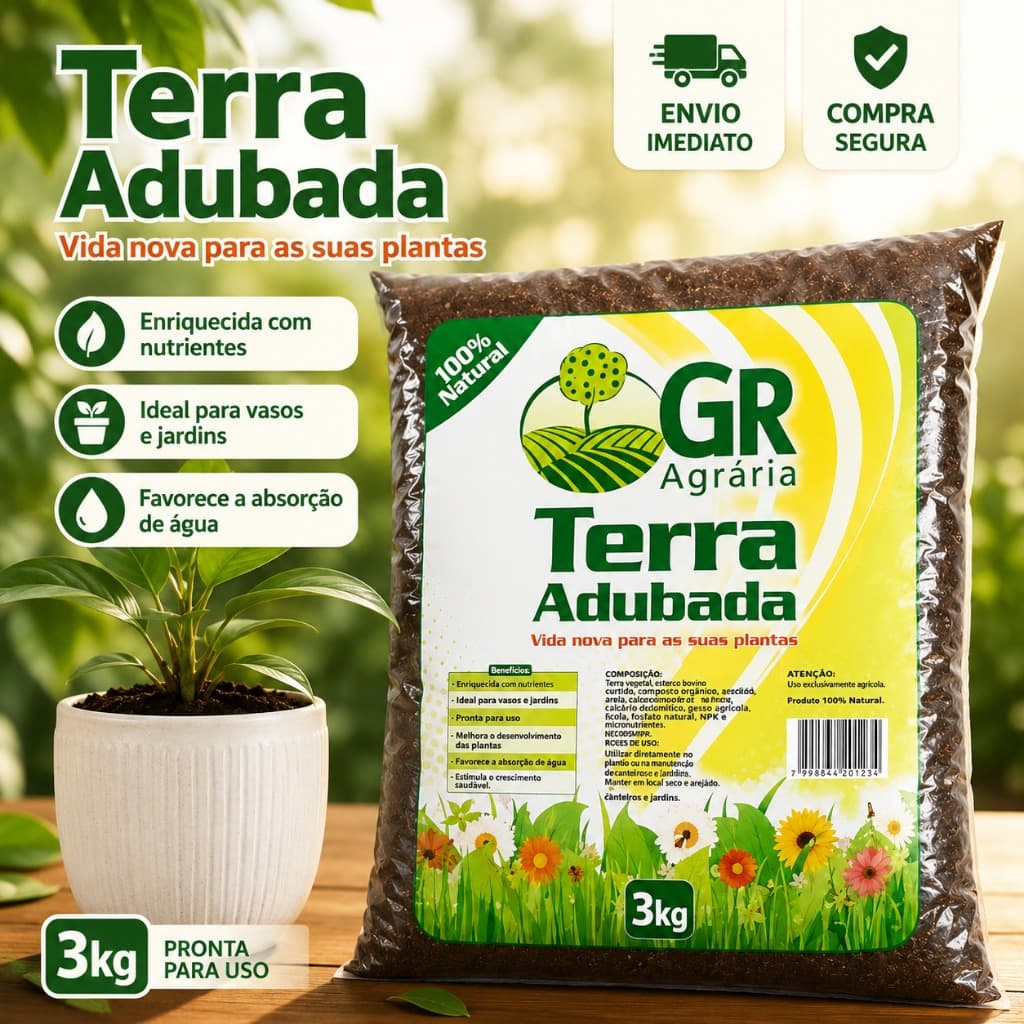Terra Adubada GR Agrária 3kg – Substrato Fértil para Plantas, Vasos, Jardins e Hortas