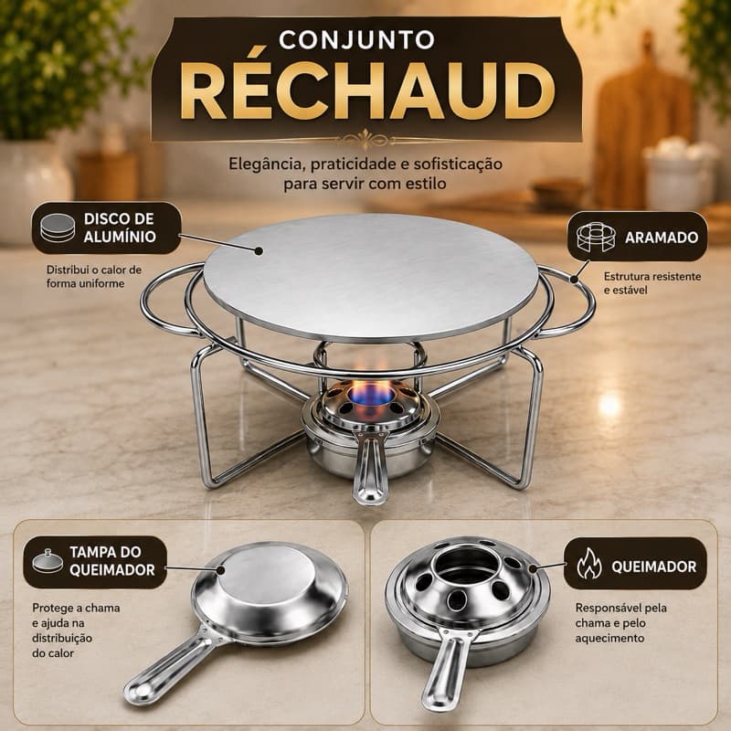 Conjunto Réchaud Inox Completo 270mm – Disco de Alumínio, Aramado, Queimador e Tampa para Servir