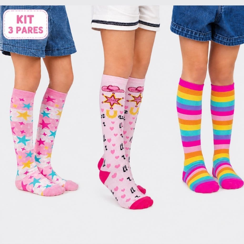 Kit 3 Pares Meia Cano Longo Alto Menina Galochita 3/4 até o Joelho Colorida Infantil Galocha Estampada Melissa Babuche
