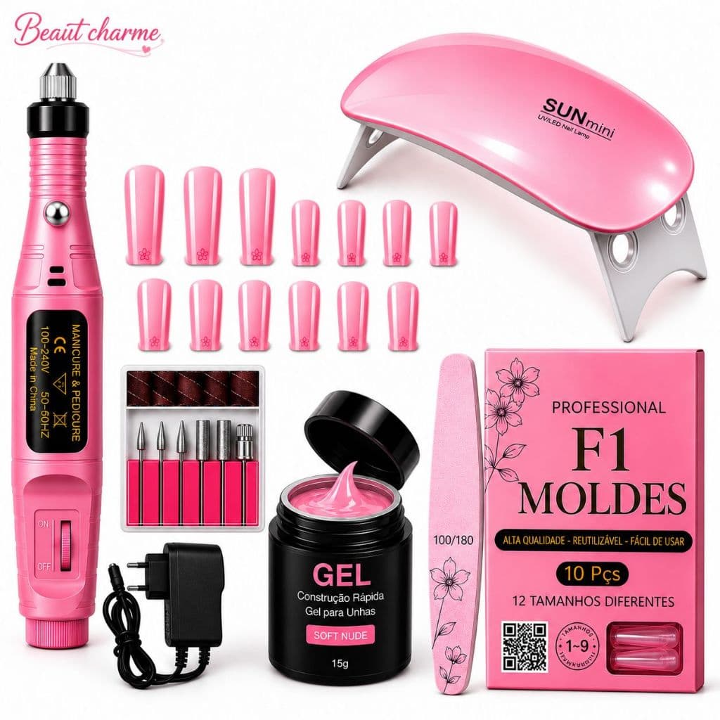 Kit Unhas em Gel Alongamento Manicure Cabine Sun Mini + Lixadeira Caneta + Lixa + Moldem de Unha