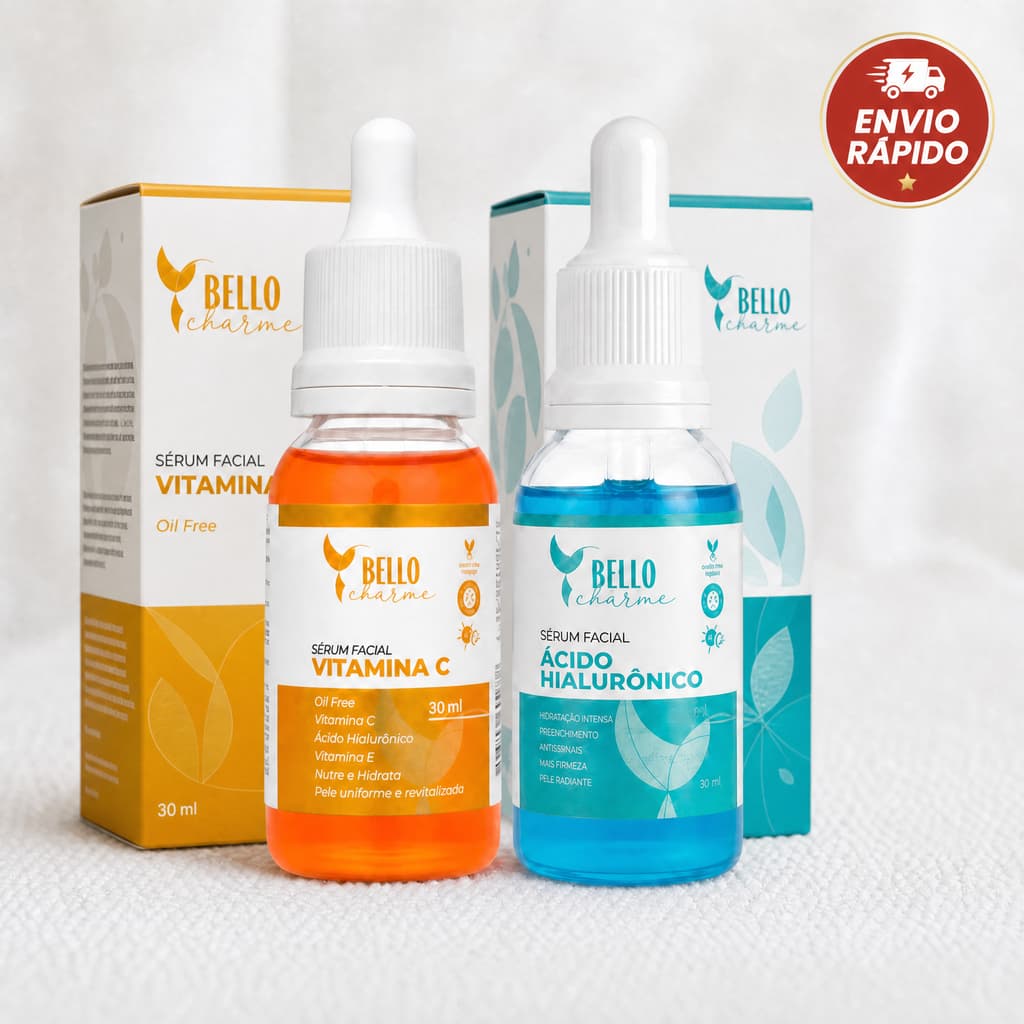 Kit Sérum Facial Duo Glow Bello Charme: Vitamina C + Ácido Hialurônico 30ml Anti-Idade Hidratante e Tira-Manchas