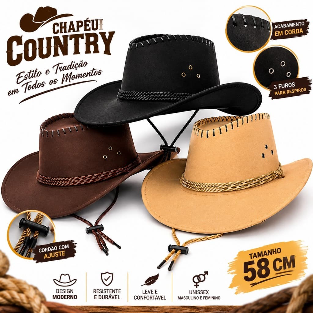 Chapéu Country costura Boiadeiro - Rodeio Barretos Festa Sertaneja UNISSEX - ENVIO IMEDIATO!