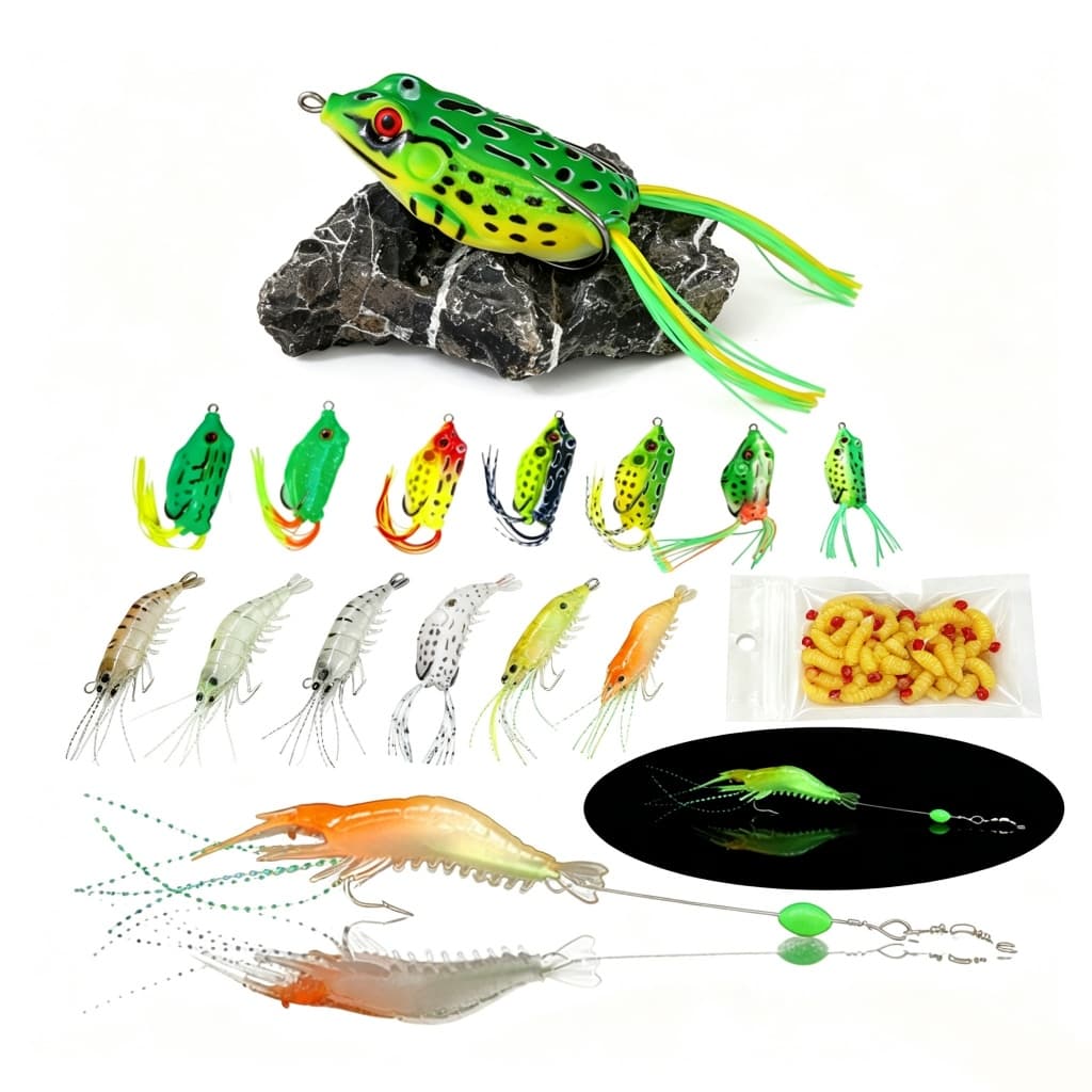 KIT 8 Isca Artificial Sapinho Frog Anti Enrosco+KIT 10 Isca artificial camarão com anzol Promoção Vários Kits + Estojo