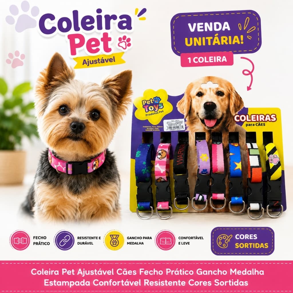 Coleira Pet Ajustável Cães Fecho Prático Gancho Medalha Estampada Confortável Resistente Cores Sortidas