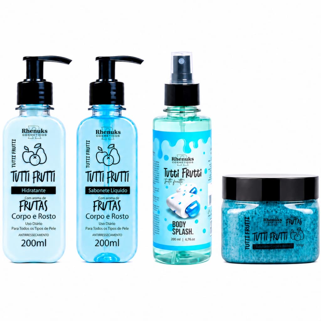 Kit 4 Itens Tutti Frutti Rhenuks Hidratante Sabonete Body Splash Esfoliante Corpo e Rosto