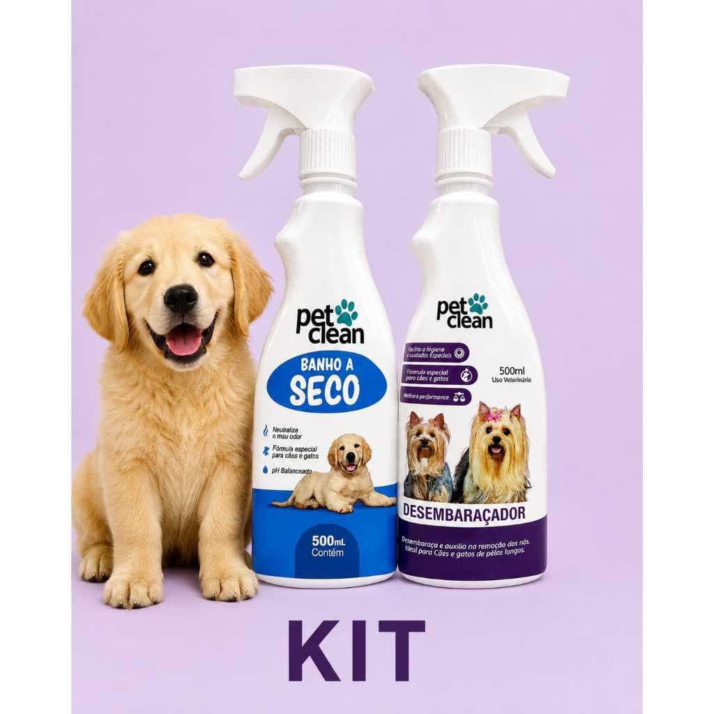 Kit 1 Banho a seco sem Enxague 500 ml + 1 Desembaraçador de Pelos 500ml Cachorro e Gatos Pet Clean Pet