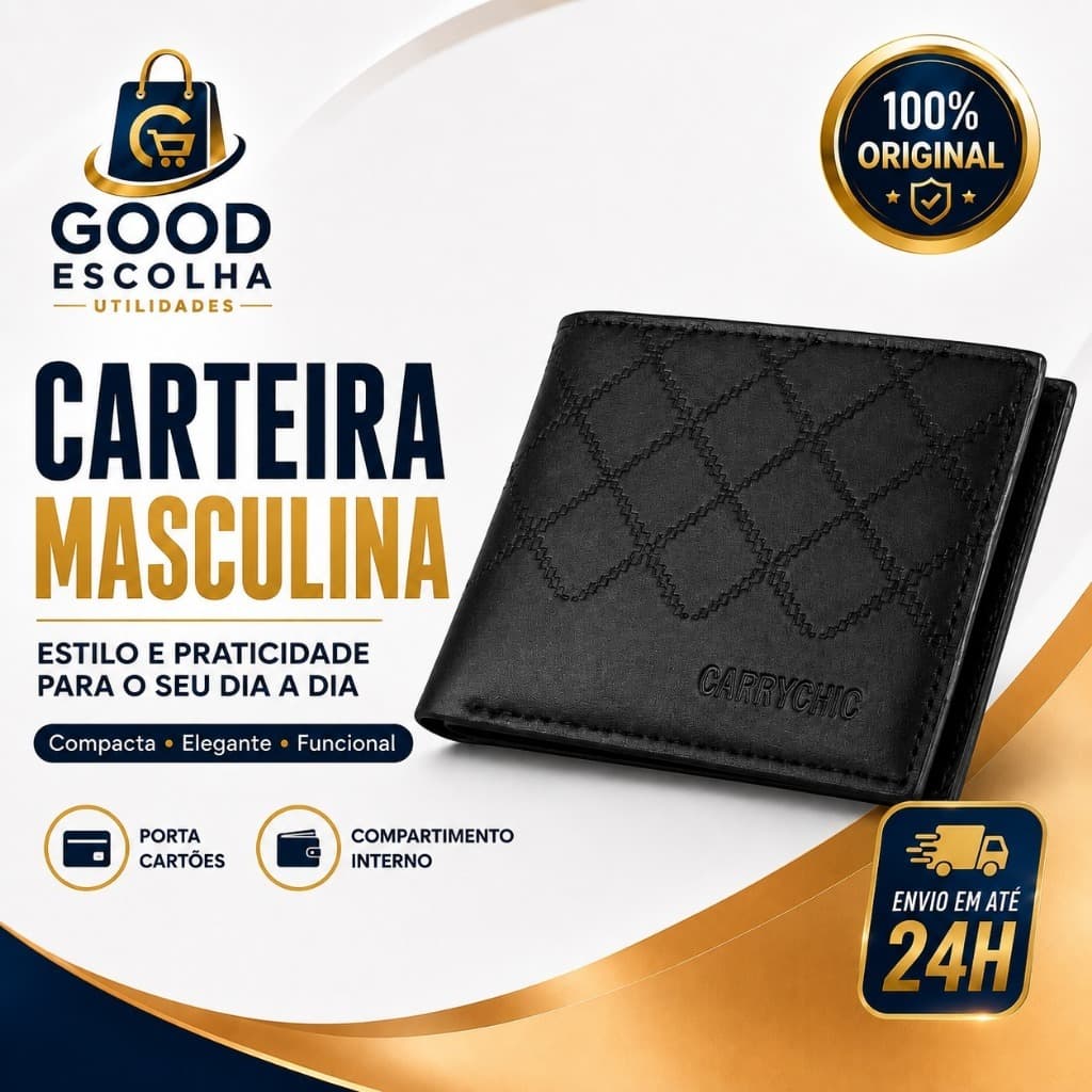 Carteira Masculina Preta Porta Cartões Documentos e Cédulas com Visor Transparente Compacta