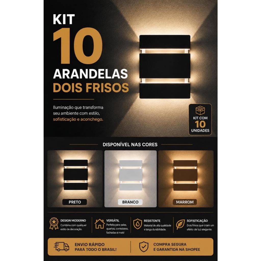 Kit 10 Arandela De Parede Luminária Slim 2 Focos 2 Frisos Uso Interno e Externo Acompanha Lâmpada Led 5w