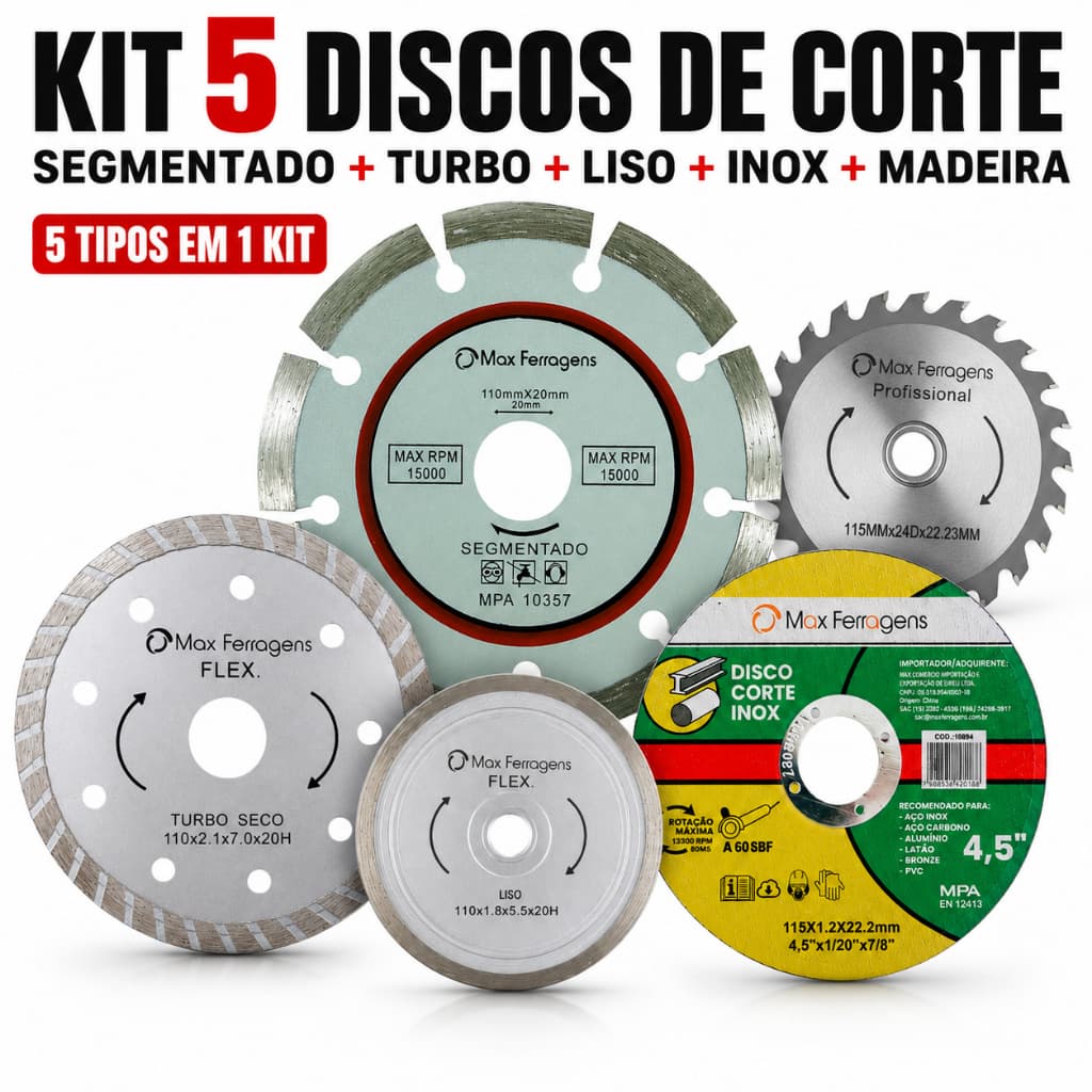 Jogo 5 Discos Diamantado Serra Circular Makita P/ Madeira +Disco De Corte Turbo/Liso/Segmentado/Inox
