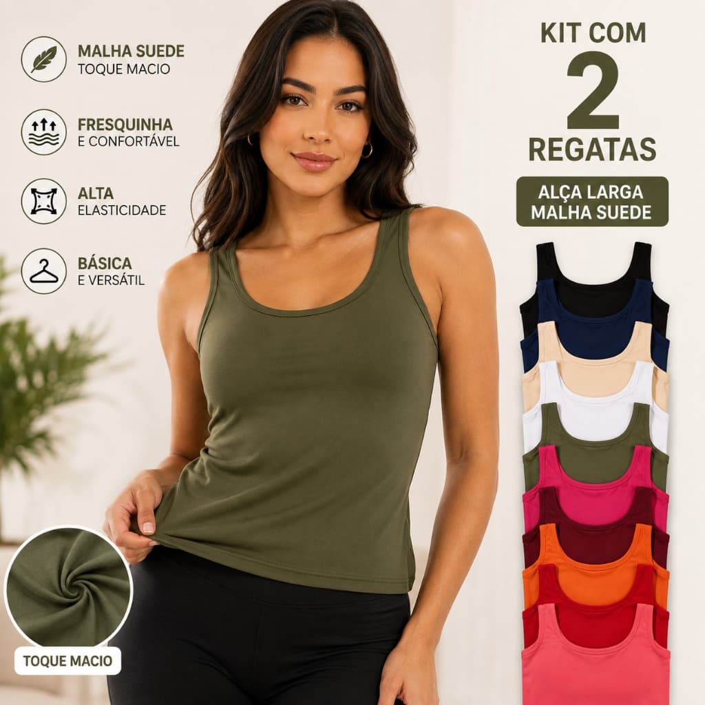 Kit 2 Regata Feminina Alça Larga Blusa Feminina Básica Malha Suede Lisa Verão