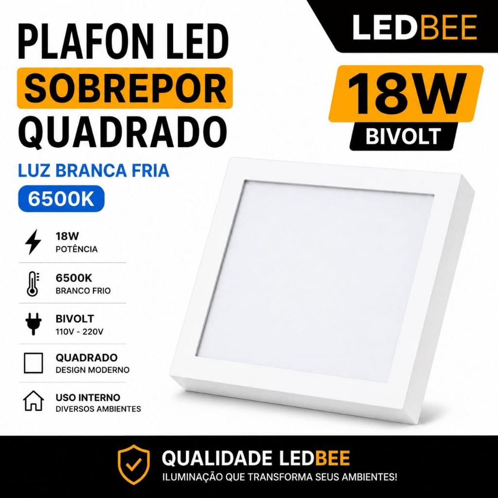 Plafon LED 18W Quadrado Sobrepor Bivolt 6500K Branco Frio Ledbee