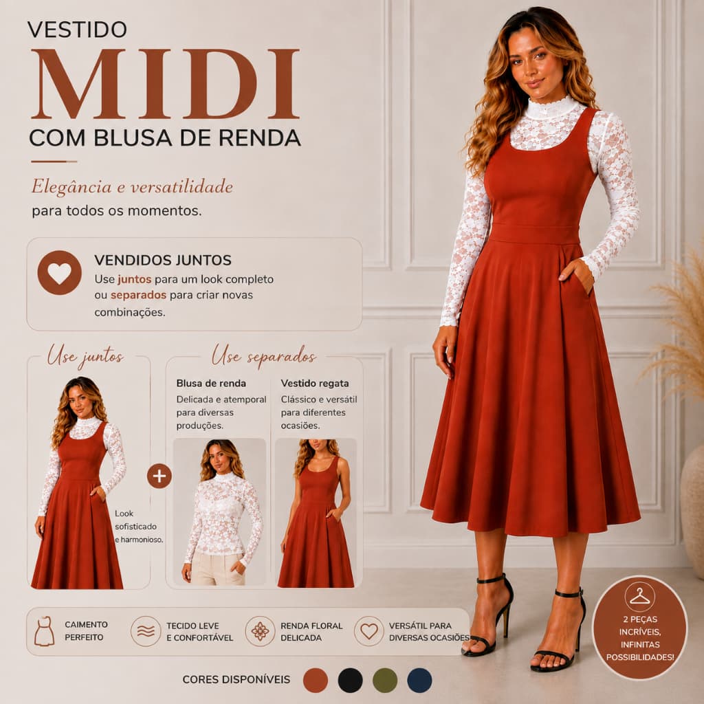 Vestido Midi Rodado Casual Crepe Malha + Blusa Renda Moda Evangelica Social Luxo Elegante 38 ao 52