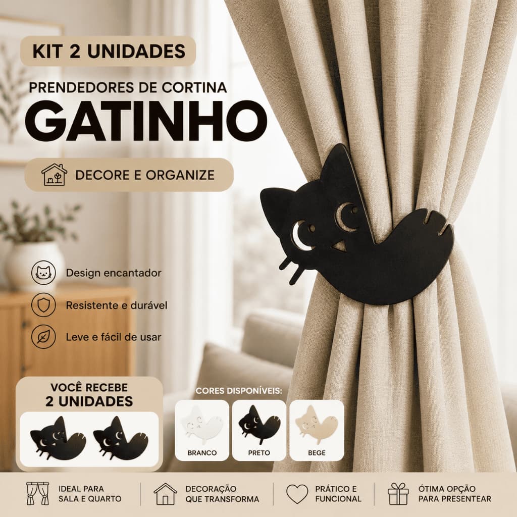 Kit 2 Prendedores de Cortina Gatinho Decorativo – Abraçadeira para Cortina Sala e Quarto