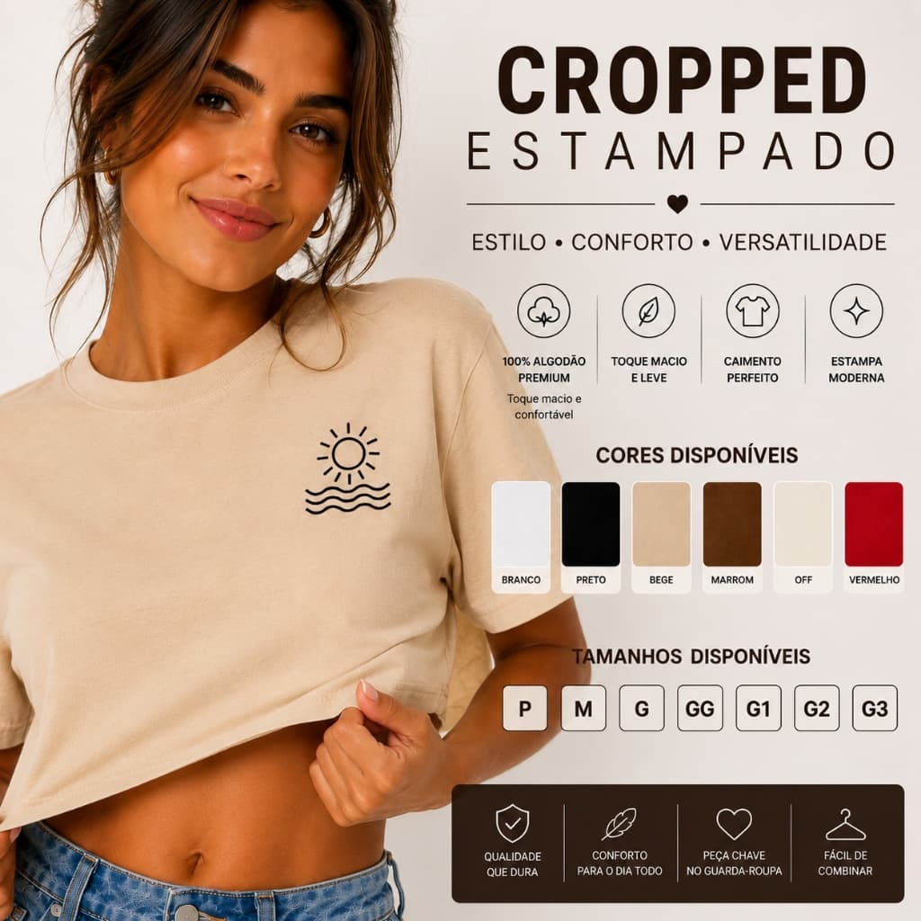Cropped Feminino Estampado Sol e Mar Blusa Cropped Feminina Algodão Manga Curta Básica Casual Moda Verão Praia Confortáv