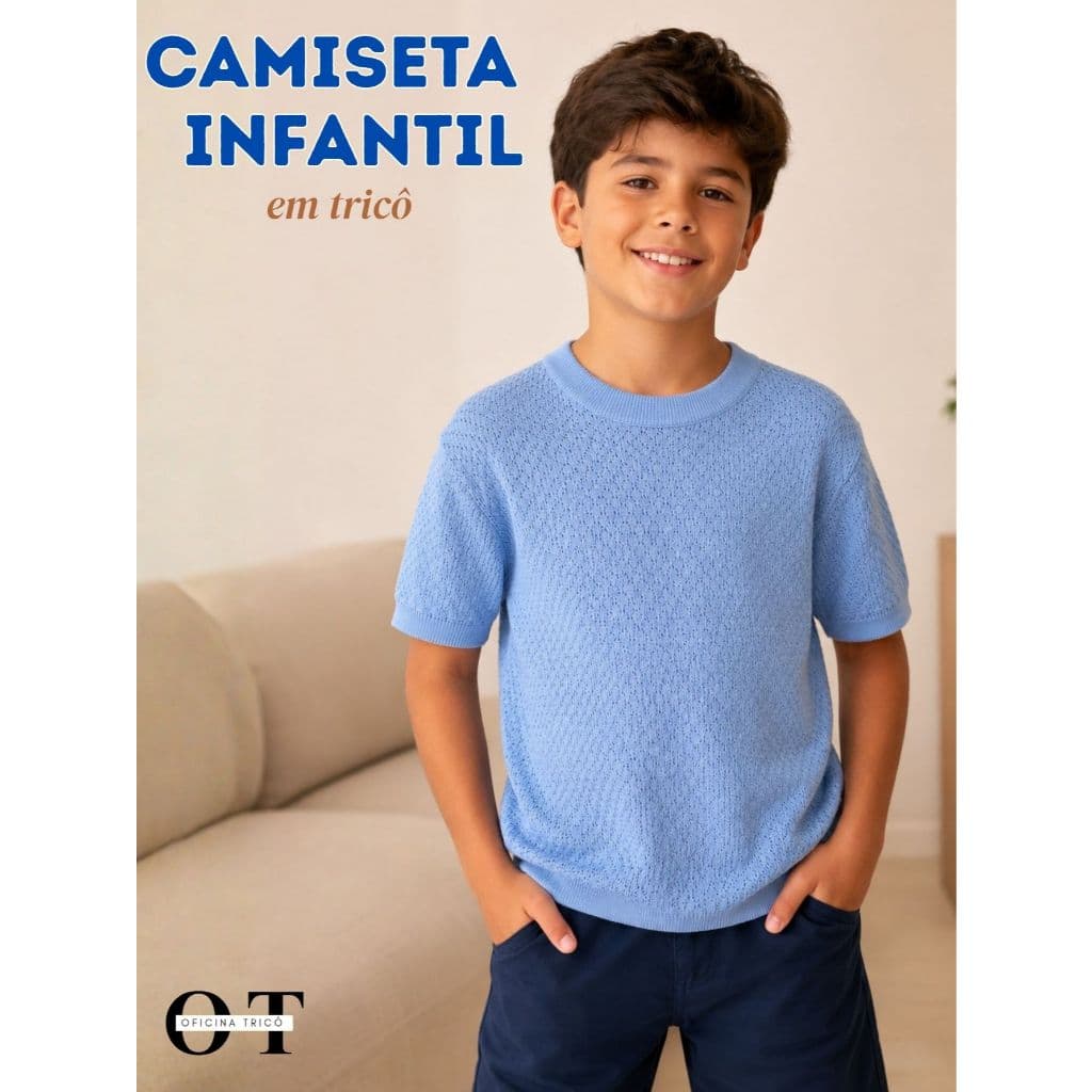 Camiseta Infantil Menino Tricô Texturizado Gola Redonda Manga Curta Canelada Casual Meia-Estação