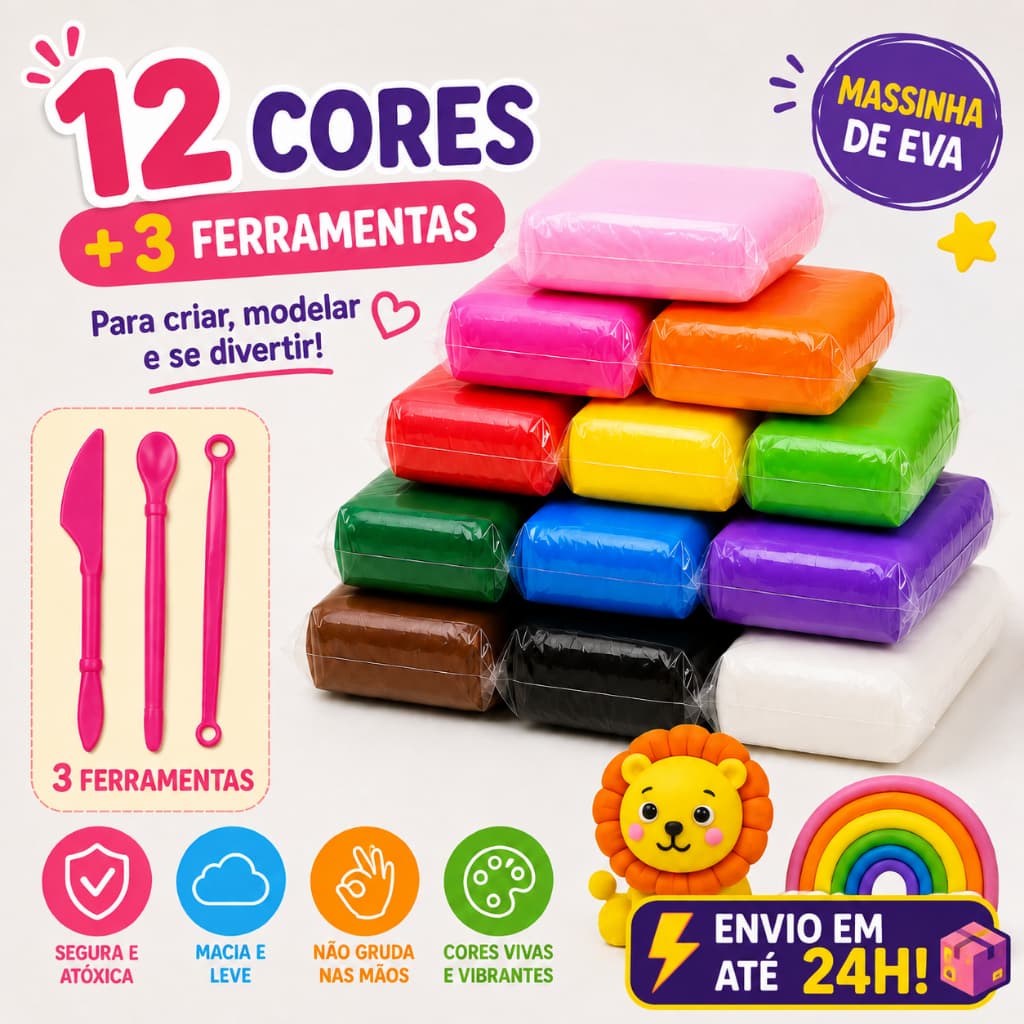 Massinha de EVA 12 Cores Kit Infantil com Ferramentas Massa de Modelar Brinquedo Educativo Criativo Macia e Divertida