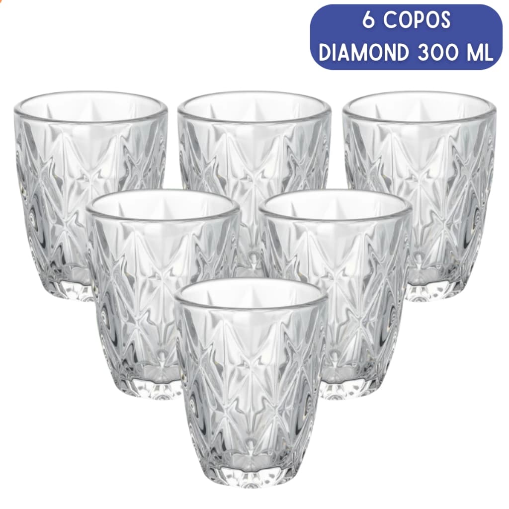 Kit 6 Copos de Vidro Diamond 300ml Resistente Grosso Transparente Elegante Moderno Jogo de Copos