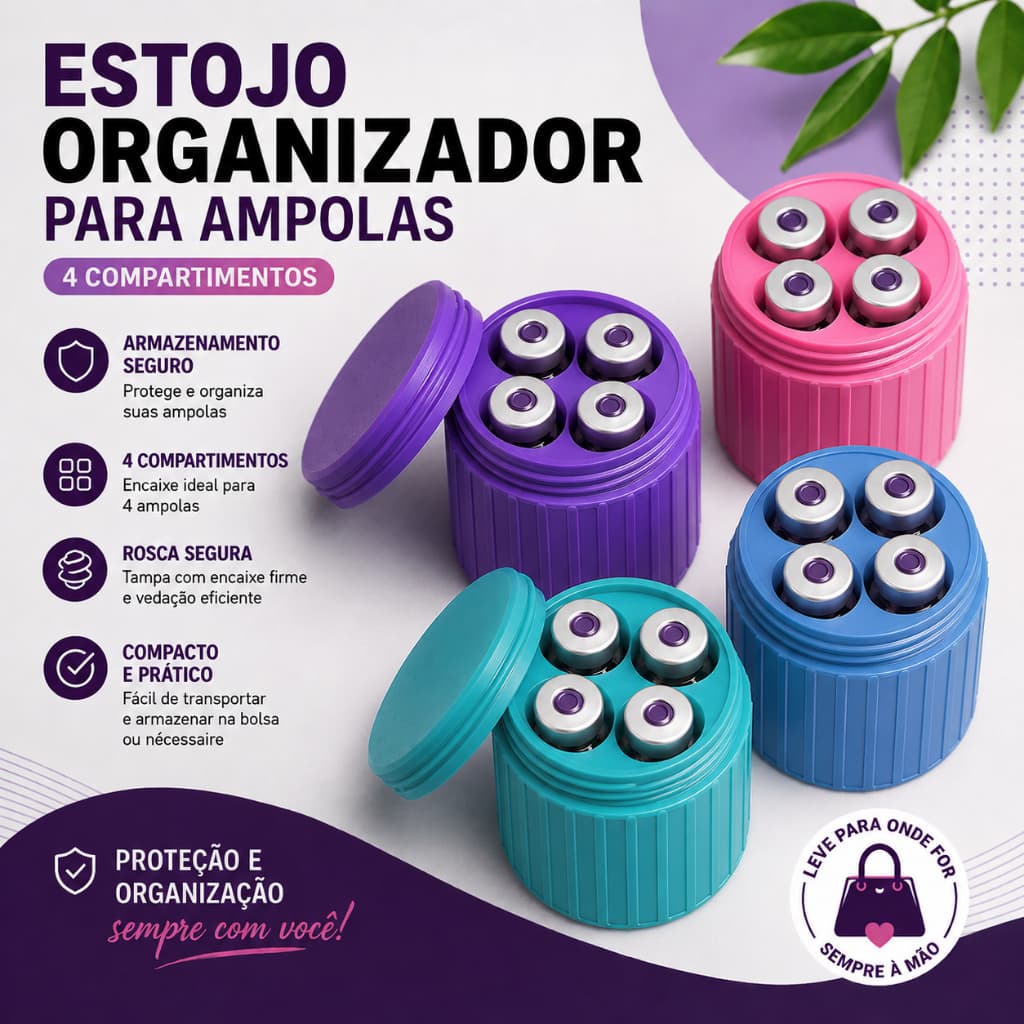 Estojo Organizador Porta Ampolas 4 Compartimentos com Tampa Rosca Case 3D